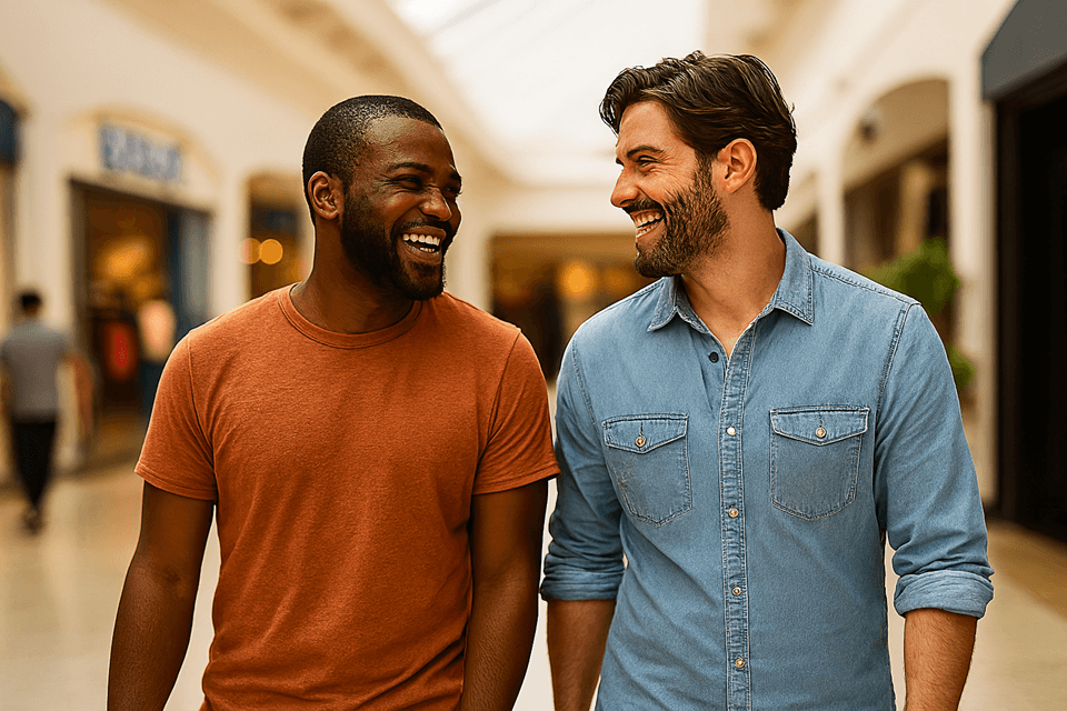 Two friends walking together and talking, representing the phrase 'tell me who you walk with, and I will tell you who you are.'