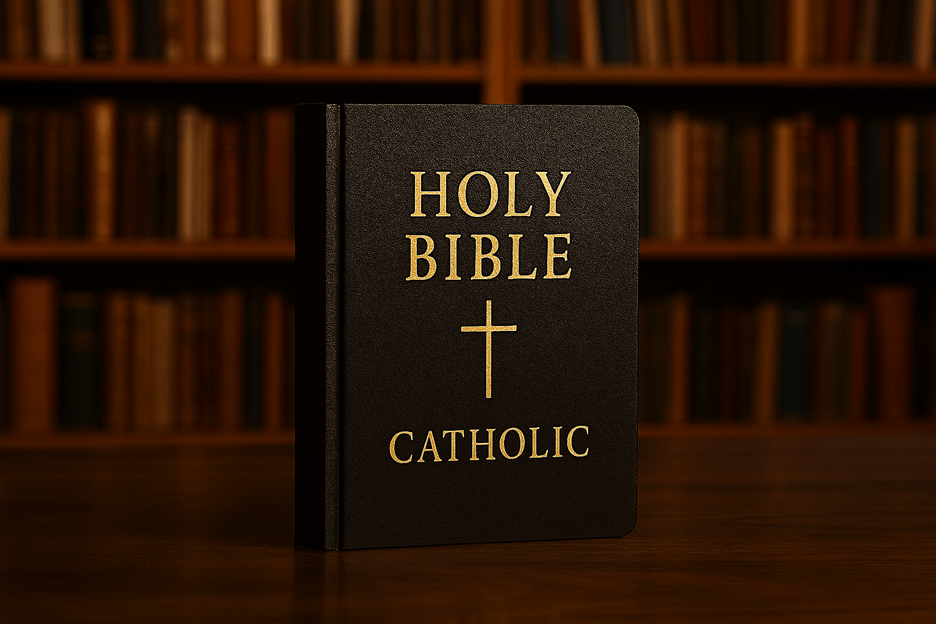 A Catholic Bible on a table with a bookstore in the background