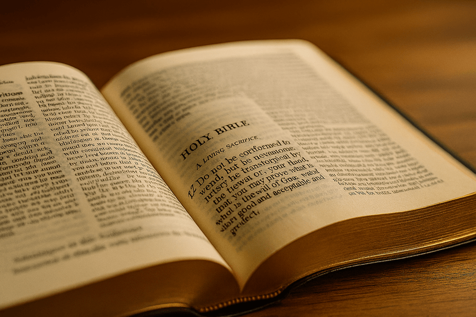 an open Bible with Romans 12:2 highlighted