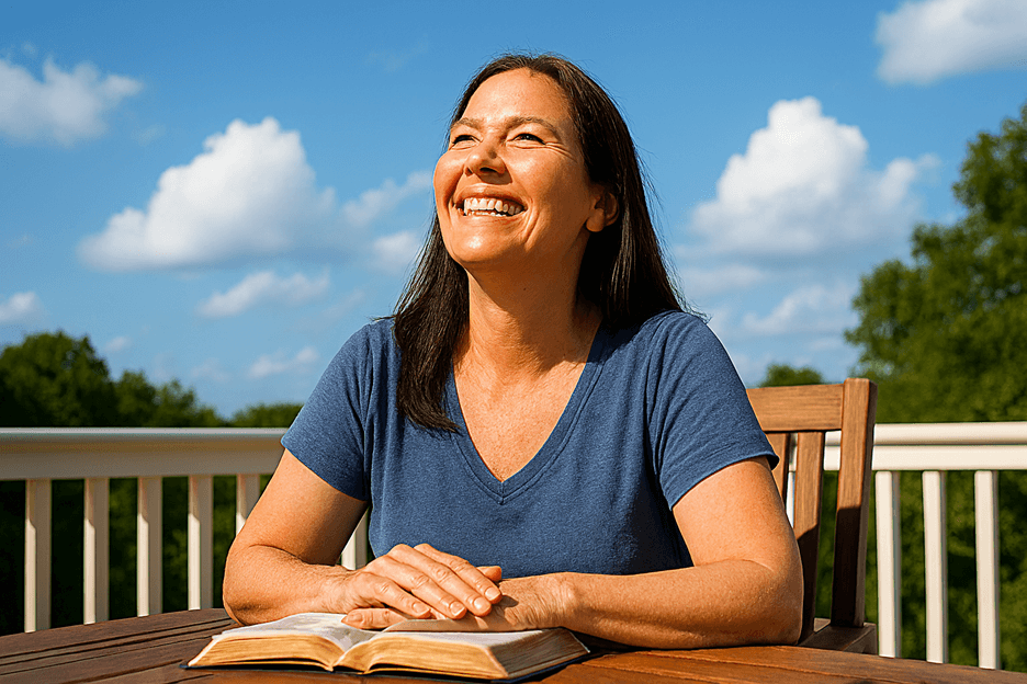 A woman sitting at the table with an open Bible, pleasing God with her life by learning the word of God