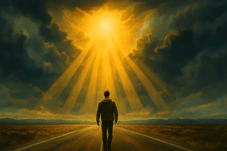 a man walking in the way with rays of light